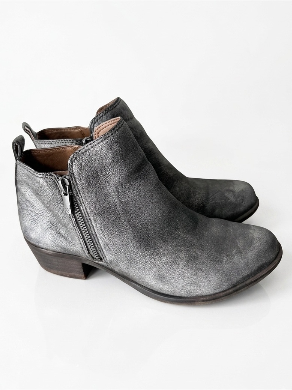 LUCKY BRAND Basel Booties Metallic Pewter Grey Silver Zippers Size 8